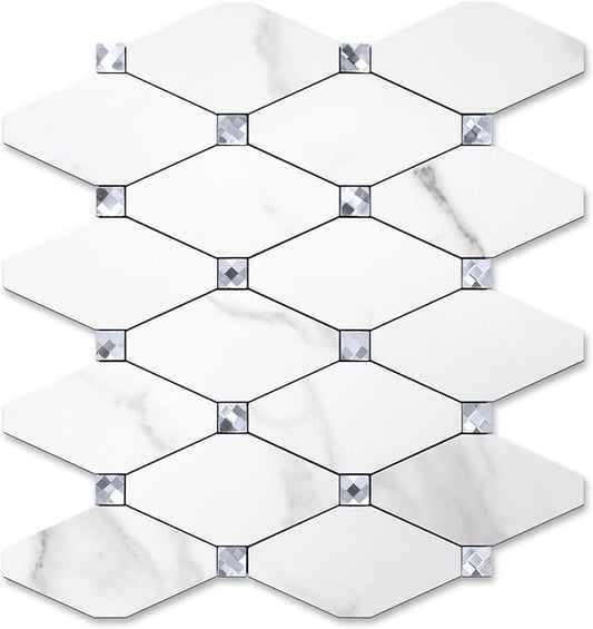 STICKGOO 1 Sheet Peel and Stick Backsplash, Calacatta Stick on Aluminum Composite Tiles Stikers, Self Adhesive Mixed Glass Backsplash for Kitchen, Bathroom, Fireplace, RV