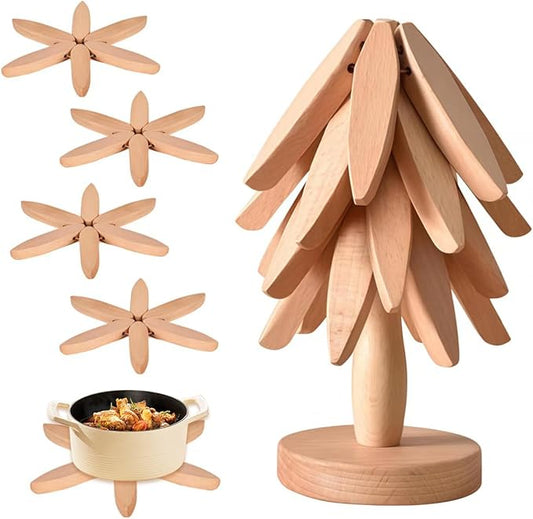 Foldable Kitchen Wooden Trivet Wooden Trivets for Hot Dishes, Tree Shape Trivet Set, 4 Walnut Wood 1 Stand stored Like a Christmas Tree,for Hot Pot Holder, Teapot, Bowl, Hot Dishes (Beech Wood)