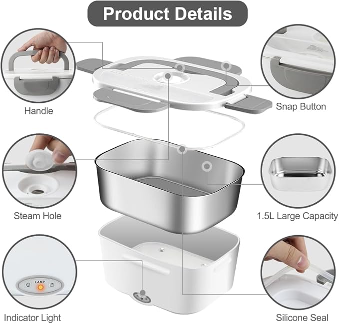 FVW Electric Lunch Box Food Heater, 3 in 1 Portable Food Warmer Lunch Box for Car & Home, Leak Proof, Lunch Heating Microwave with 304 Stainless Steel Container 1.5 L, 110V/12V/24V