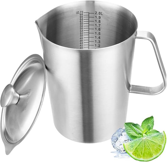 Stainless Steel Pitcher with Lid, 2 L/70 oz Measuring Cup with Dual-Scale Markings, Milk Frothing Jug, Large Beaker for Espresso Machine, Hot/Cold Water, Latte Art, Iced Tea, Coffee Drinks