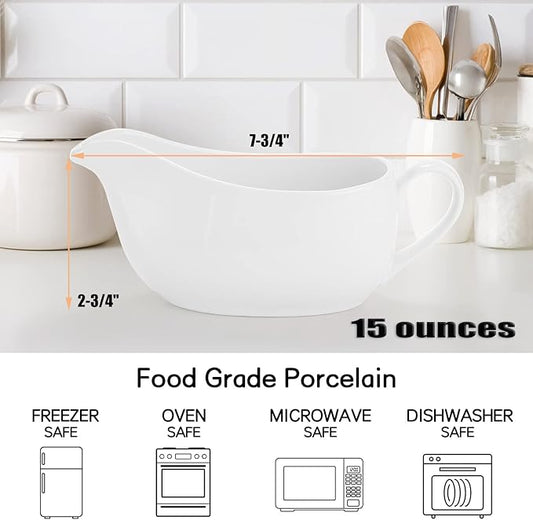 Yesland 2 Pcs 15 oz Gravy Boat, Ceramic White Easy-Pour Gravy Boat for Dining, Holiday Meals & Parties