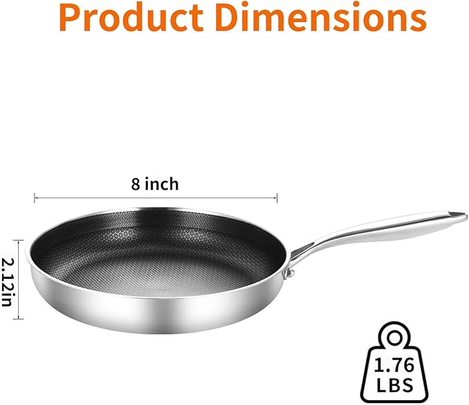 DELARLO 8inch Tri-Ply Stainless Steel Frying Pan With Lid, Nonstick Omelette Pans, Small Egg Pan Durable Chef's Pan,Induction Kitchen Skillets, Compatible with All Cooktops, Up to 600℉