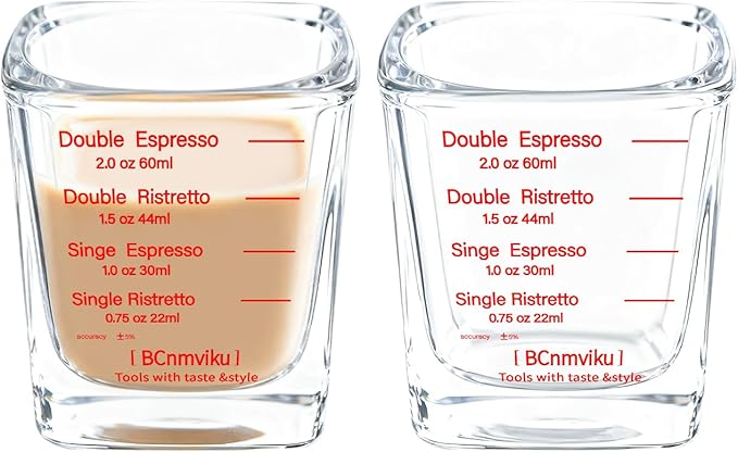 BCnmviku 2 PACK Red line Square Cup Espresso Shot Glasses Measuring Cup Liquid Heavy Glass for Baristas 2oz for Single Shot of Ristrettos