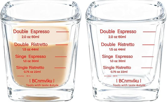 BCnmviku 2 PACK Red line Square Cup Espresso Shot Glasses Measuring Cup Liquid Heavy Glass for Baristas 2oz for Single Shot of Ristrettos