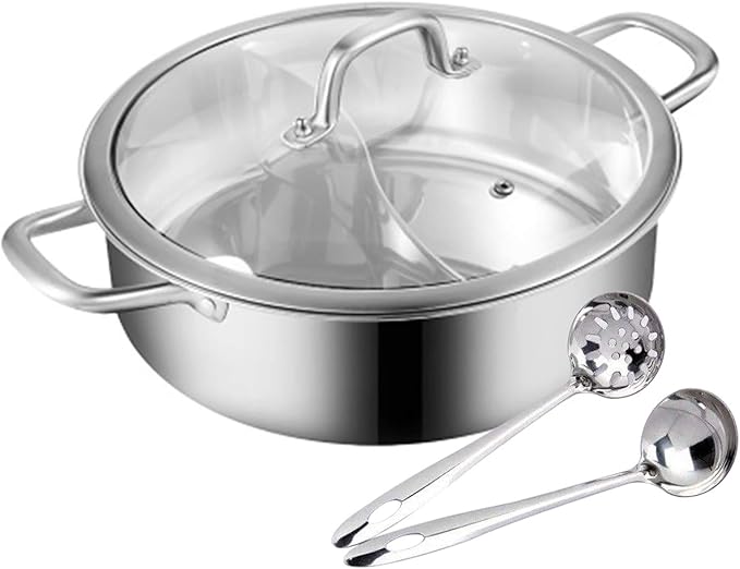 Double-flavor Shabu Shabu Pot with Divider and Lid, Dual Sided Nonstick Hot Pot, 32cm/12.6in Stainless Steel Shabu Shabu Pot, for Induction Cooktop, Gas Stove & Hot Burner, Soup Ladle Included