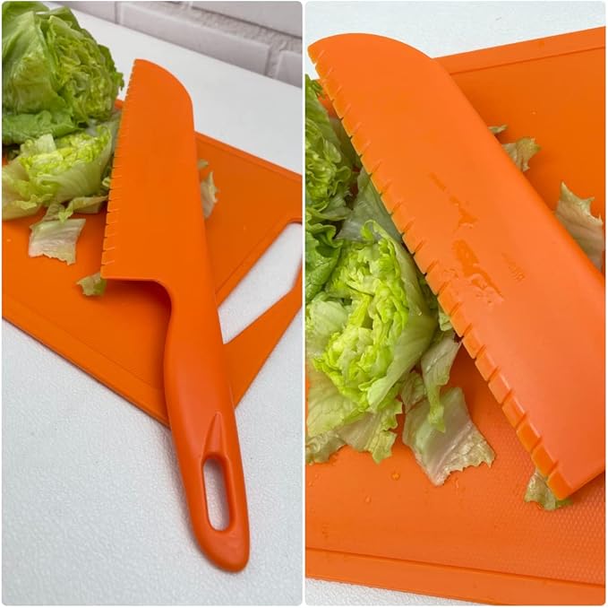 11" Plastic Serrated Bread Cutter to Cut Veggies, Salad, Cake or Brownies, Professional Lettuce Knife to Prevent From Turning Brown, Nylon Knife for Nonstick Pans, Durable and BPA free, Orange