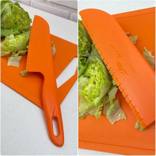 11" Plastic Serrated Bread Cutter to Cut Veggies, Salad, Cake or Brownies, Professional Lettuce Knife to Prevent From Turning Brown, Nylon Knife for Nonstick Pans, Durable and BPA free, Orange