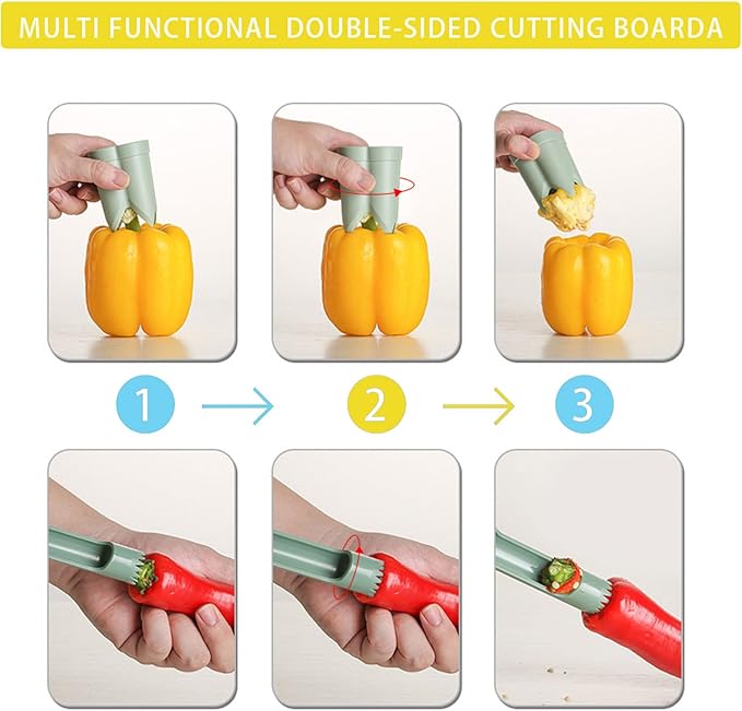 Pepper Corer, 2 in 1 Red Bell Pepper Seed Corer Remover Tool, Fruit & Vegetable Corers Quick Cave Tools for Jalapeno Cutter Deseeder, Yellow Blue