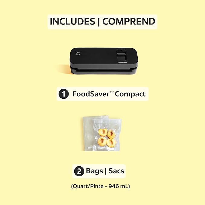 FoodSaver Space Saving Food Vacuum Sealer, Black with 2 Quart Vacuum Seal Bags, Pack of 1, Compact (Black)