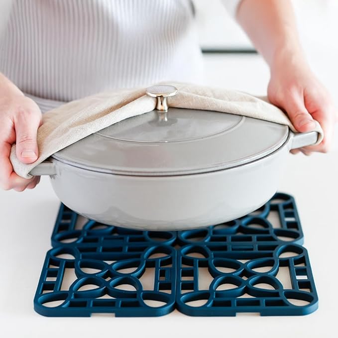 Capabunga 4-Pack Trivets for Hot Dishes - Blue Interlocking Hot Pads for Kitchen, Coffee Bar Essentials, Silicone Mats for Kitchen Counter, Heat Resistant Silicone Trivets for Pots and Pans