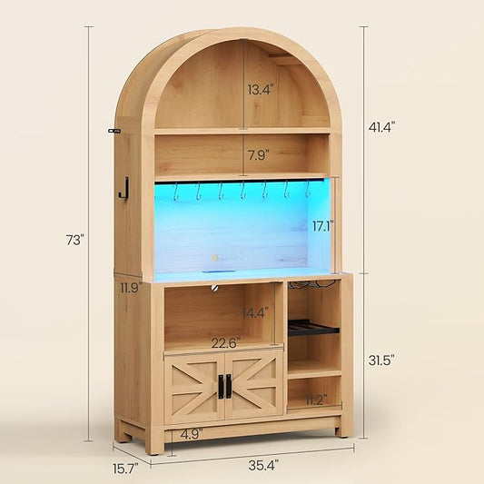 Itaar 73" Tall Arched Bakers Rack with Power Outlet and LED Light, Farmhouse Coffee Bar Cabinet, Kitchen Microwave Stand with Storage for Kitchen, Dining Room, Living Room, Natrual