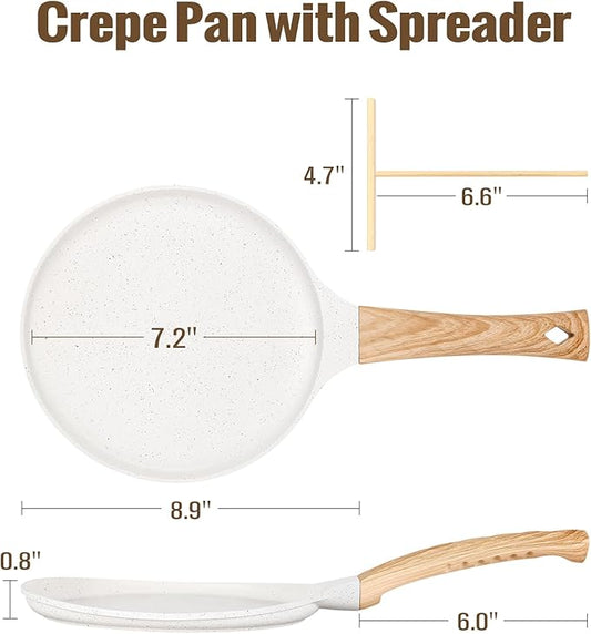 SouxMux Nonstick 8-Inch Crepe Pan with Spreader, Ceramic Coated Dosa Tawa Pan, Induction Compatible Flat Skillet for Pancakes, Omelettes, and More with Cool Handle, PFOA Free