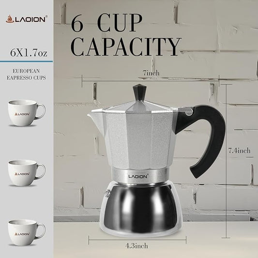 LAOION Stovetop Espresso Maker, 6Cup Moka Pot, Espresso Machine Compatible with Induction Cooktops, 300ml Stainless Steel & Aluminum Cuban Coffee Maker for Cafetera Cubana, Silver
