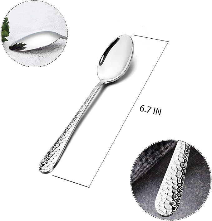 Hammered Teaspoons Set of 6, E-far Stainless Steel Modern Silverware Flatware Dessert Spoons for Home, Kitchen, Restaurant, Round Edge & Mirror Polished, Dishwasher Safe - 6.7 Inches