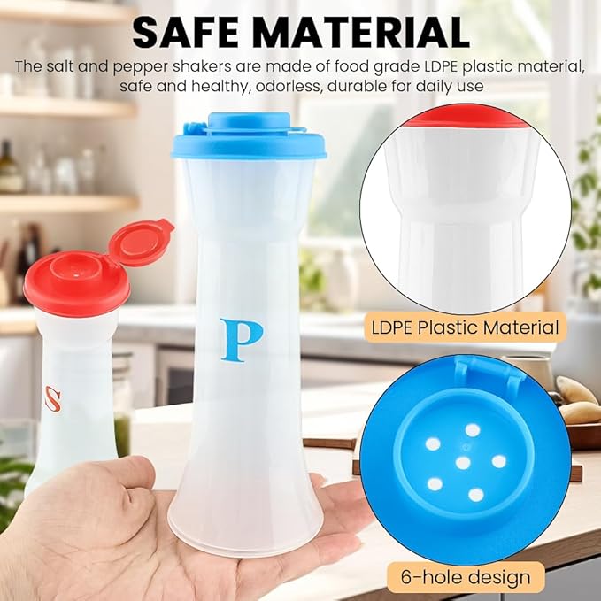 Salt and Pepper Shaker Set, Plastic Salt and Pepper Shaker Set with Lids,Airtight Spice Jar Dispenser for Restaurant Cleaning Brush Camping Home Kitchen Picnic (COLOR:2pcs Blue+2pcs Red)