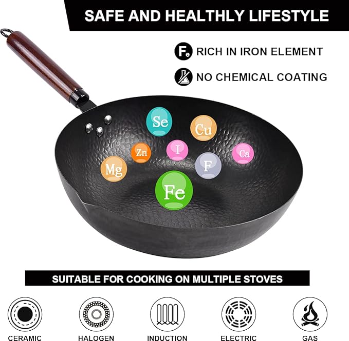Leidawn 12.8" Carbon Steel Wok-11Pcs Woks & Stir Fry Pans Wok Pan with Lid, No Chemical Coated Chinese Woks with 10 Cookware Accessories, Flat Bottom Wok for Electric, Induction,Gas Stoves