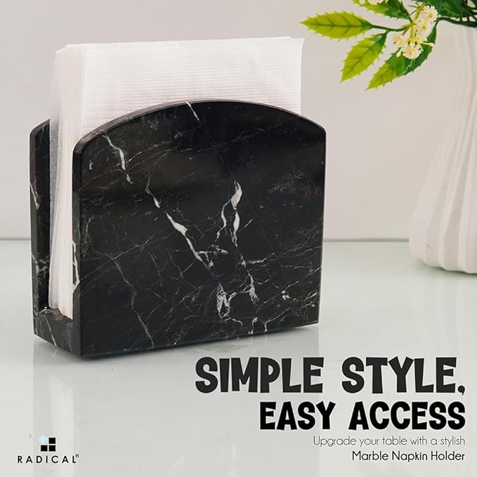 Radicaln Marble Napkin Holder 5.5" Inch Black Handmade Serviette Holder - Kitchen Table Top Decor, Napkins For Coffee Table, Cocktail Napkin Holder