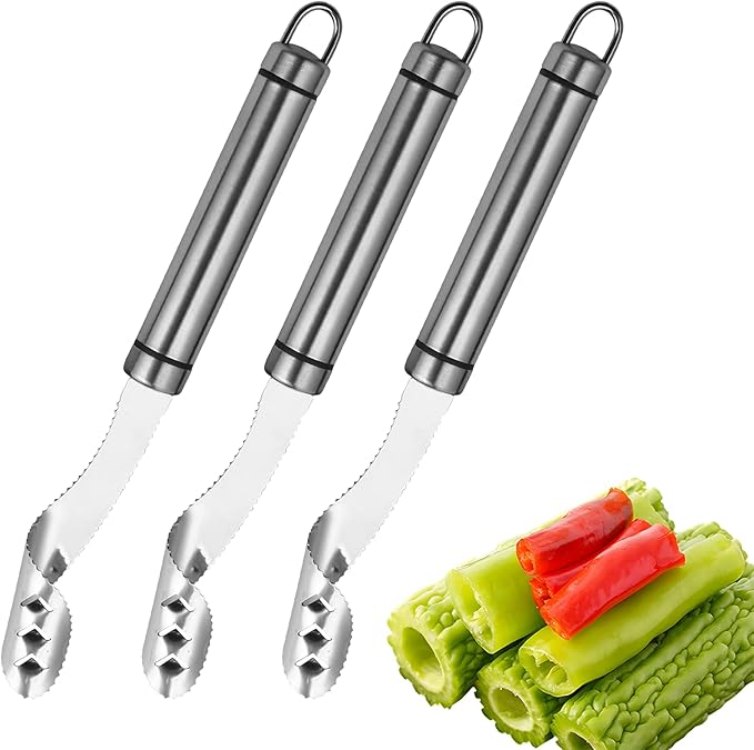 3pcs Jalapeno Pepper Corer, 2 in 1 Chili Corer Tool - Stainless Steel Pepper Seed Remover with Serrated Slice & Handle, for Slicing Off Vegetable Tops or Removing Pepper Cores