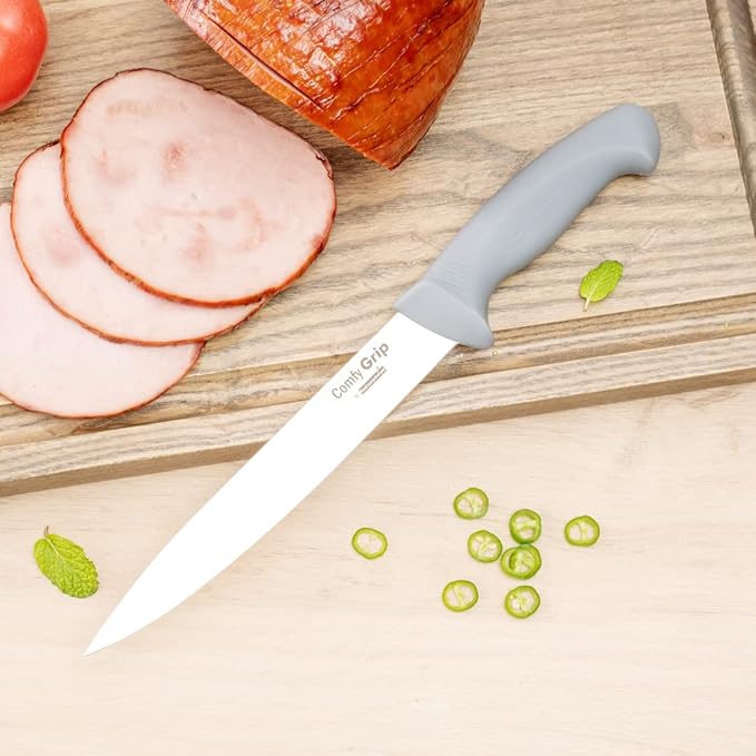 Restaurantware 8 Inch Carving Knife Stainless Steel Ergonomic Handle Non-Slip Grip Durable Kitchen Knife, Dishwasher-Friendly for Home Cooking and Commercial Use, Gray