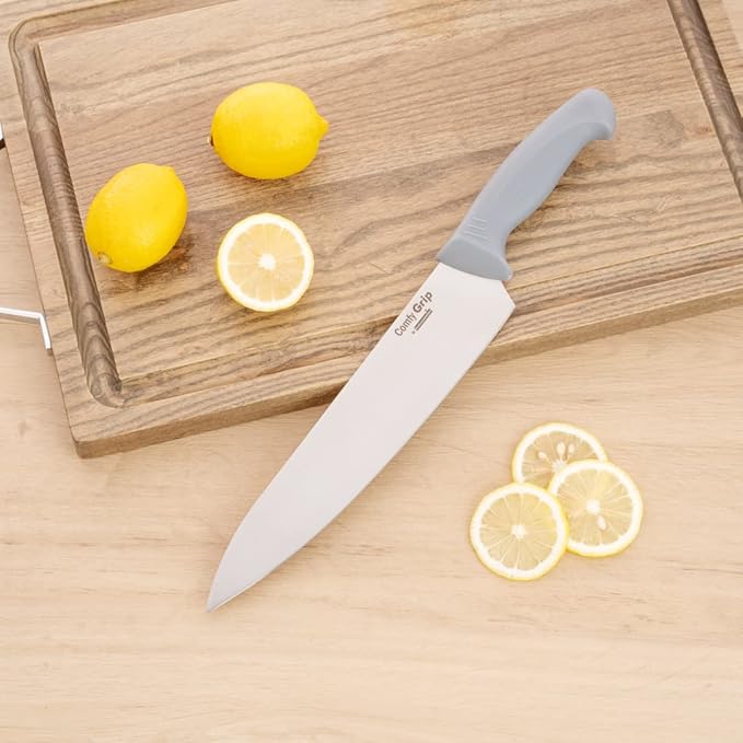 Restaurantware Comfy Grip 10 Inch Chef's Knife 1 Sharp Cooking Knife - Ergonomic Handle Non-Slip Grip Gray Stainless Steel Kitchen Knife Dishwashable Slice Dice Mince or Chop Ingredients