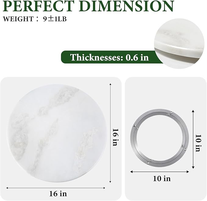 Koville 16'' White Marble Lazy Susan for Kitchen Counter, Marble Turntable for Dinning, Lazy Susans Organizer for Cabinet, Serving Rotation Spinning Tabletop Organizer Swiveling, Spice Rack Storage