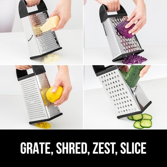 GORILLA GRIP 4-Sided Stainless Steel Cheese Grater With Container, 100% BPA-Free Box Grater, Slip Resistant Base and Handle, Grate Parmesan, Hard Cheeses, Shred Vegetables, Dishwasher Safe, Black