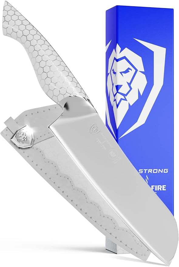 Dalstrong Santoku Knife - 7 inch - Frost Fire Series - High Chromium 10CR15MOV Stainless Steel - Frosted Sandblast Finish - White Honeycomb Handle Kitchen Knife - Leather Sheath - NSF Certified