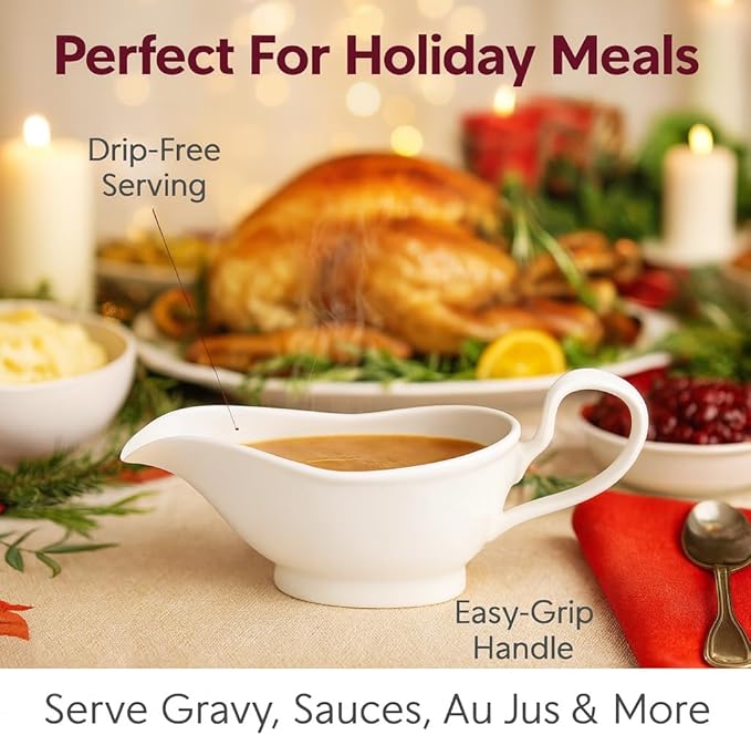 HIC Kitchen Gravy Boat, Fine Porcelain, Pedestal Stand Design, 8-Ounce Capacity For Gravy, Sauce, Au Jus, Dressing, Holiday Meals, And Entertaining
