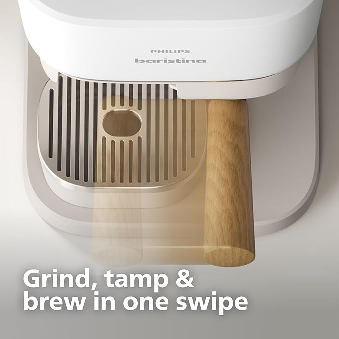 Philips Baristina Espresso Machine - Real espresso, made simple. Compact coffee machine, natural white with ash wood portafilter, 16 bar pump pressure, automatic grinder, Cafe Crema (BAR302/20)