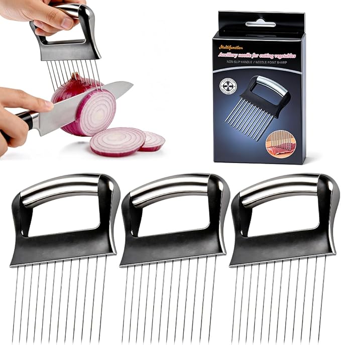 2026 New Onion Slice Holder, Stainless Steel Onion Holder for Slicing, Chopper Assistant Tool Multi-Use Vegetable Chopper for Onions Tomatoes Avocados Potato Eggs Kiwifruit Meat Lemon (3pcs)
