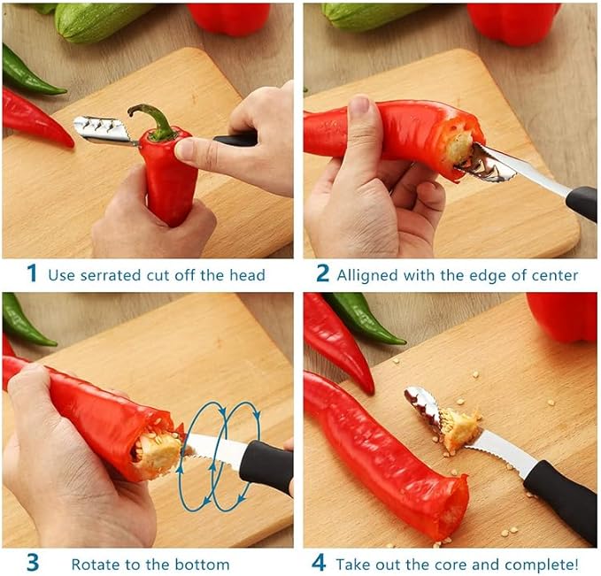 Heavy Duty Jalapeno Pepper Corer, 2 Pieces Jalepeno Pepper Corer Seed Remover Tool, Zucchini Cucumber Corer Remover with Serrated Slice and Rubber Handle, Slice Off Vegetables Tops for Kitchen