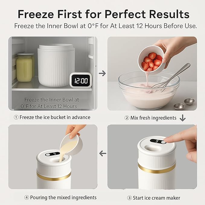 USB-C Rechargeable Portable Ice Cream Maker 0.4 Qt,Cordless Gelato, Sorbet & Frozen Yogurt Machine, Mini Homemade Dessert Maker for Couples, Dorm Kitchens & RVs, Gift-Ready in 15–30 Minutes(Gold)