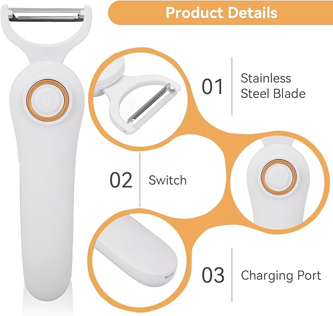 Electric Potato Peeler, Handheld Vegetable Peeler Set with 3 Interchangeable Blade Heads USB Rechargeable Veggie Fruit Peeler for Pears, Carrots, Cucumber