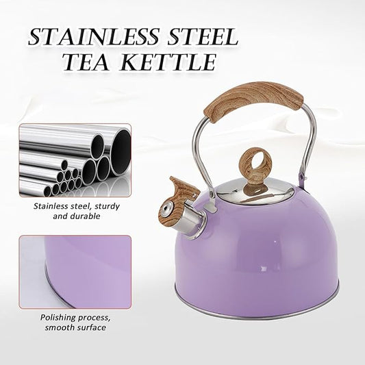 Stove Top Whistling Tea Kettle, 2.3 Quart Purple Stainless Steel Teapot for Boiling Water Coffee or Milk, Tea Pot with Ergonomic Handle Suitable for All Stovetops (Purple), 2.5L, VO-SH05