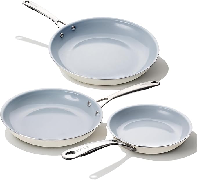 BECIGAR Ceramic Frying Pan Set with Stainless Steel Handle - Perfect Cookware Set for Steak & Non Stick Cooking - Ceramic Pans Set Non Stick Trendy Essential for Young Chefs(Cream White)