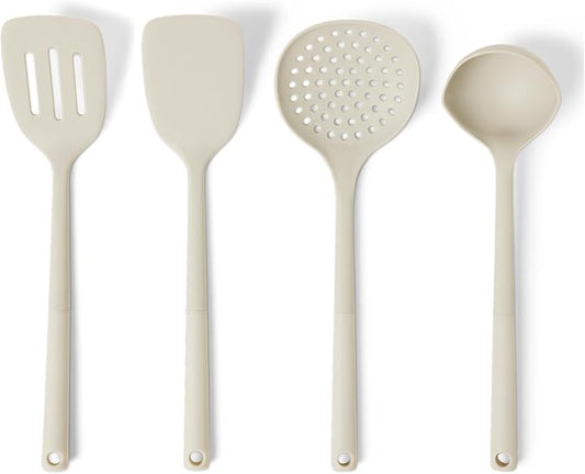Amazon Basics Silicone Cooking Spoon and Ladle Set, 4-Piece Set, Soft Grip Handle, BPA-Free, Dishwasher-Safe, Linen Gray