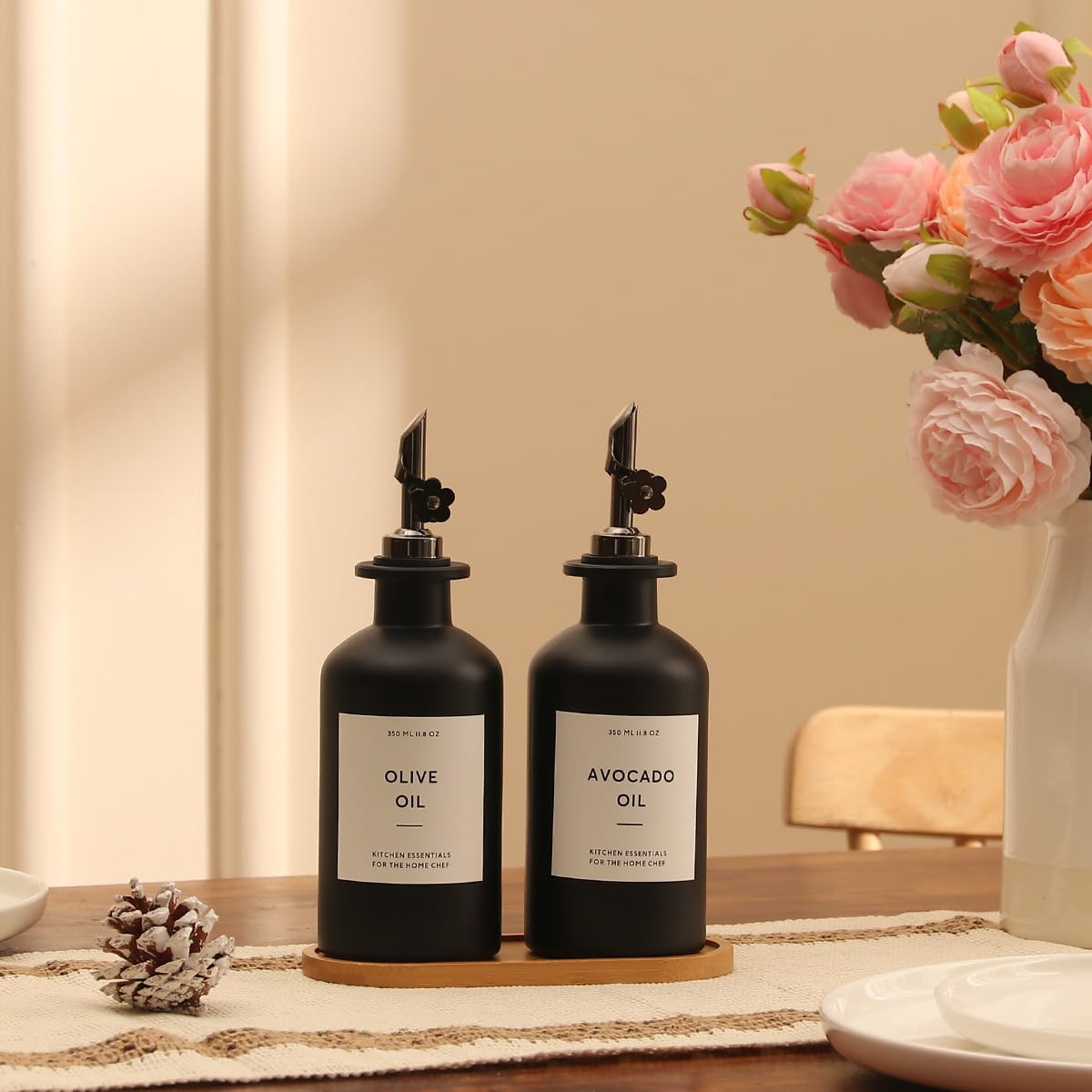 HOMCDALY Olive Oil Dispenser for Kitchen, 11.8oz Glass Kitchen Dispenser Bottle, Black Oil&Vinegar Cruet Set, Leakproof Olive Oil Bottles | Set of 2 (11.8oz – Black) Visit the HOMCDALY Store