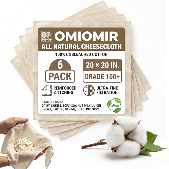 6PK Large Reusable Cheesecloths, 20x20 Inch Grade 100+ Cheese Cloth, All Natural Unbleached Cotton Stitched Edges, Kitchen Cooking Baking, Straining, Seafood Boils, Cheese, Yogurt, Tofu, Soy, Nut Milk