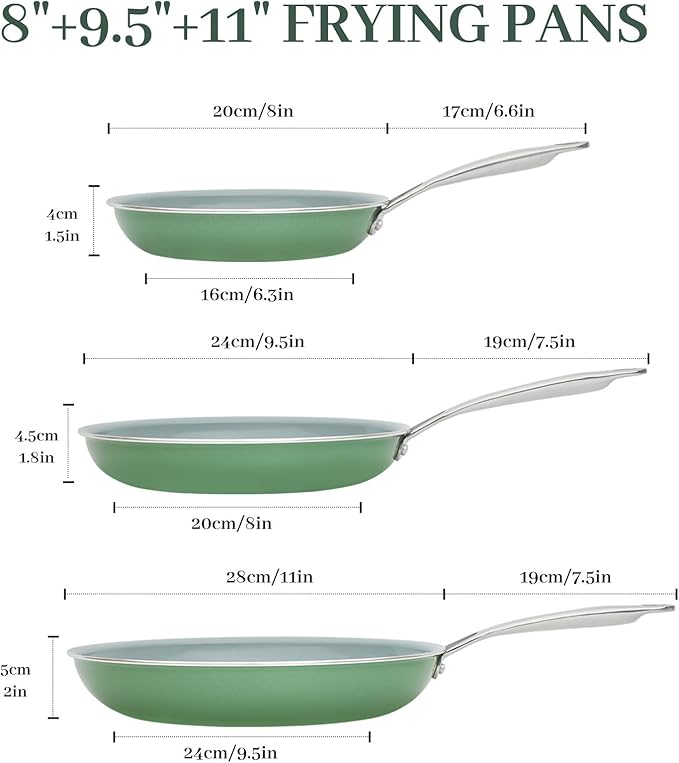 BECIGAR Ceramic Frying Pan Set with Stainless Steel Handle - Perfect Cookware Set for Steak & Non Stick Cooking - Ceramic Pans Set Non Stick Trendy Essential for Young Chefs(Green)