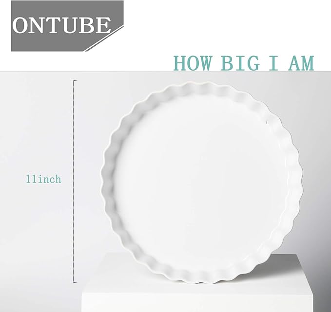 ONTUBE Pie Pans 11 Inches Ceramic Quiche Pans, Round Pie Tins for Baking,Oven Safe, Set of 2 (White)