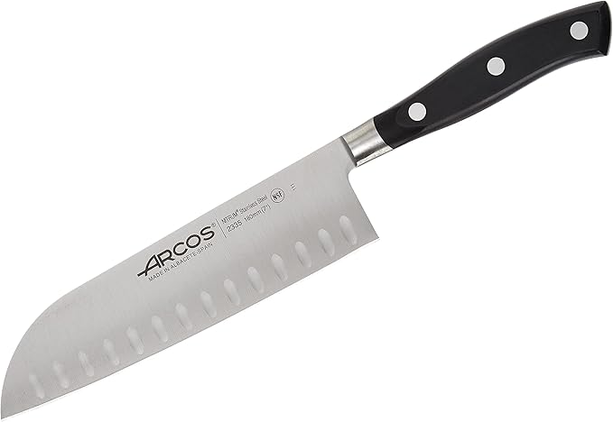 Arcos Knife 7 Inch Stainless Steel. Japanese Professional Kitchen Knife for Cutting Meat, Fish and Vegetables. Ergonomic Polyoxymethylene Handle and 180mm Blade. Series Riviera. Color Black.