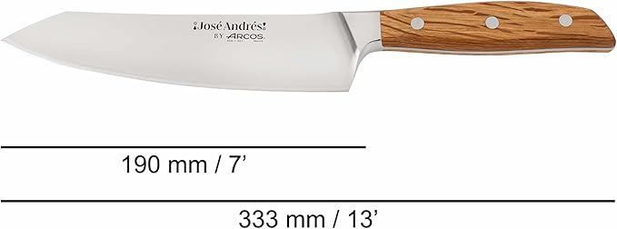 Arcos Jose Andres Rocking Santoku | 7-Inch Forged Knife for Professional Culinary Precision | NITRUM Stainless Steel Blade with Silk Edge | Ergonomic Light Brown Holm Oak Handle