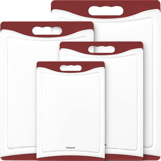 Extra Large Cutting Boards, Plastic Cutting Boards for Kitchen (Set of 4) Cutting Board Set Dishwasher Chopping Board with Juice Grooves Easy-Grip Handles, Red, Empune