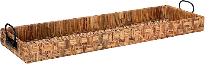 Creative Co-Op Oversized Hand-Woven Rattan Tray with Metal Handles, Natural