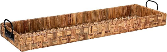 Creative Co-Op Oversized Hand-Woven Rattan Tray with Metal Handles, Natural