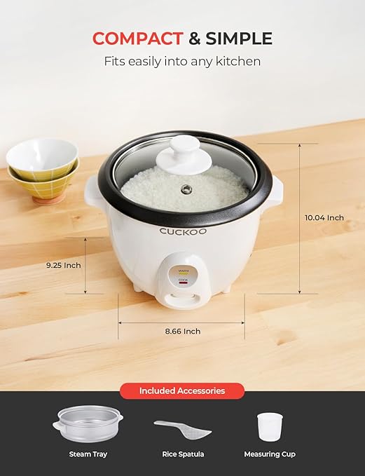 CUCKOO One Touch Rice Cooker 3-Cup (Uncooked) / 6-Cup (Cooked), Mini Rice Cooker & Warmer with Steamer Tray, Versatile Grain Cooker, Soup Maker, Auto Keep Warm, White (CR-0301C)