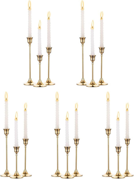 Nuptio Candlestick Candle Holders 15 Pcs Candle Stick Holder Gold Taper Candle Holder Candle Stand for Wedding Party Thanksgiving Halloween Birthday Mantel Baby Shower Table Centerpieces Decor