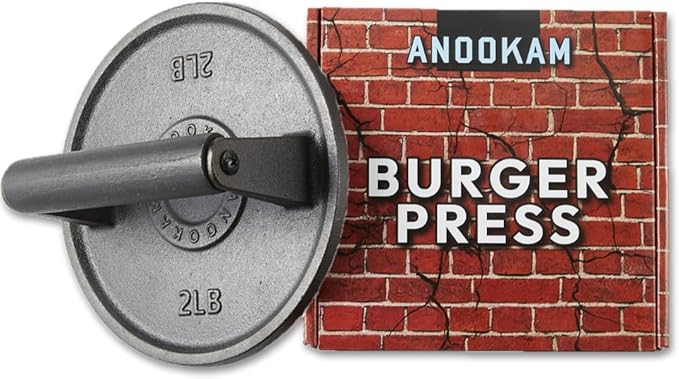 Barbell Plate Design Cast Iron Burger Press 6.5" Round Heavy-Duty Smash Burger Press for Griddle, Grill, Bacon, Meat, Steak, BBQ with Wooden Handle