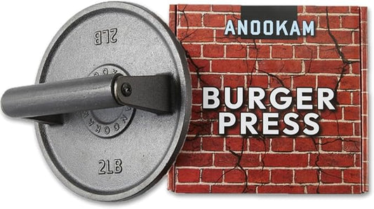 Barbell Plate Design Cast Iron Burger Press 6.5" Round Heavy-Duty Smash Burger Press for Griddle, Grill, Bacon, Meat, Steak, BBQ with Wooden Handle