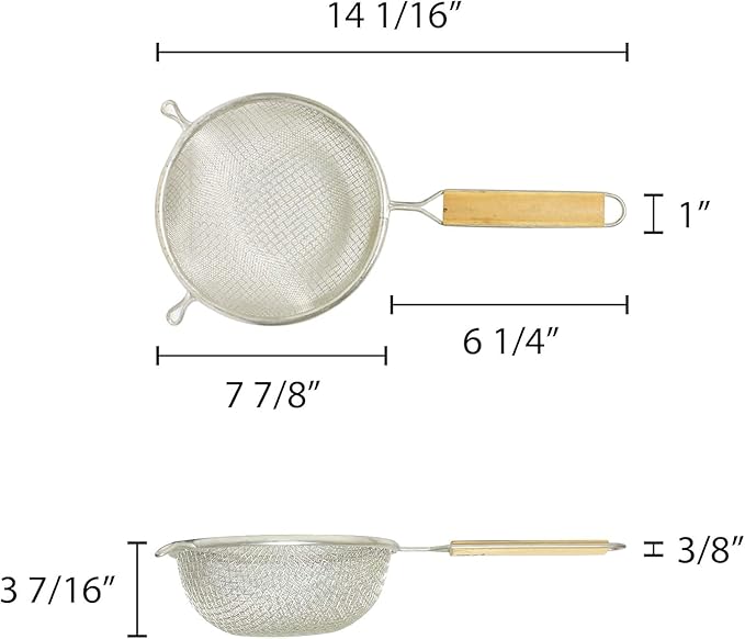 TrueCraftware- 8-Inch Double Fine Tin Mesh Strainer 6" Handle Length Wooden Handle- Kitchen Utensil Food Strainer Skimmer Spoon for Cooking Sieve Sifters Rice Quinoa Pasta Fruits Vegetable